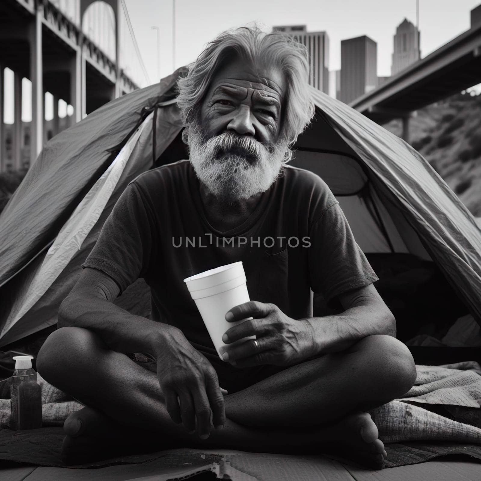 Homeless man under the bridge. generative, AI. High quality illustration