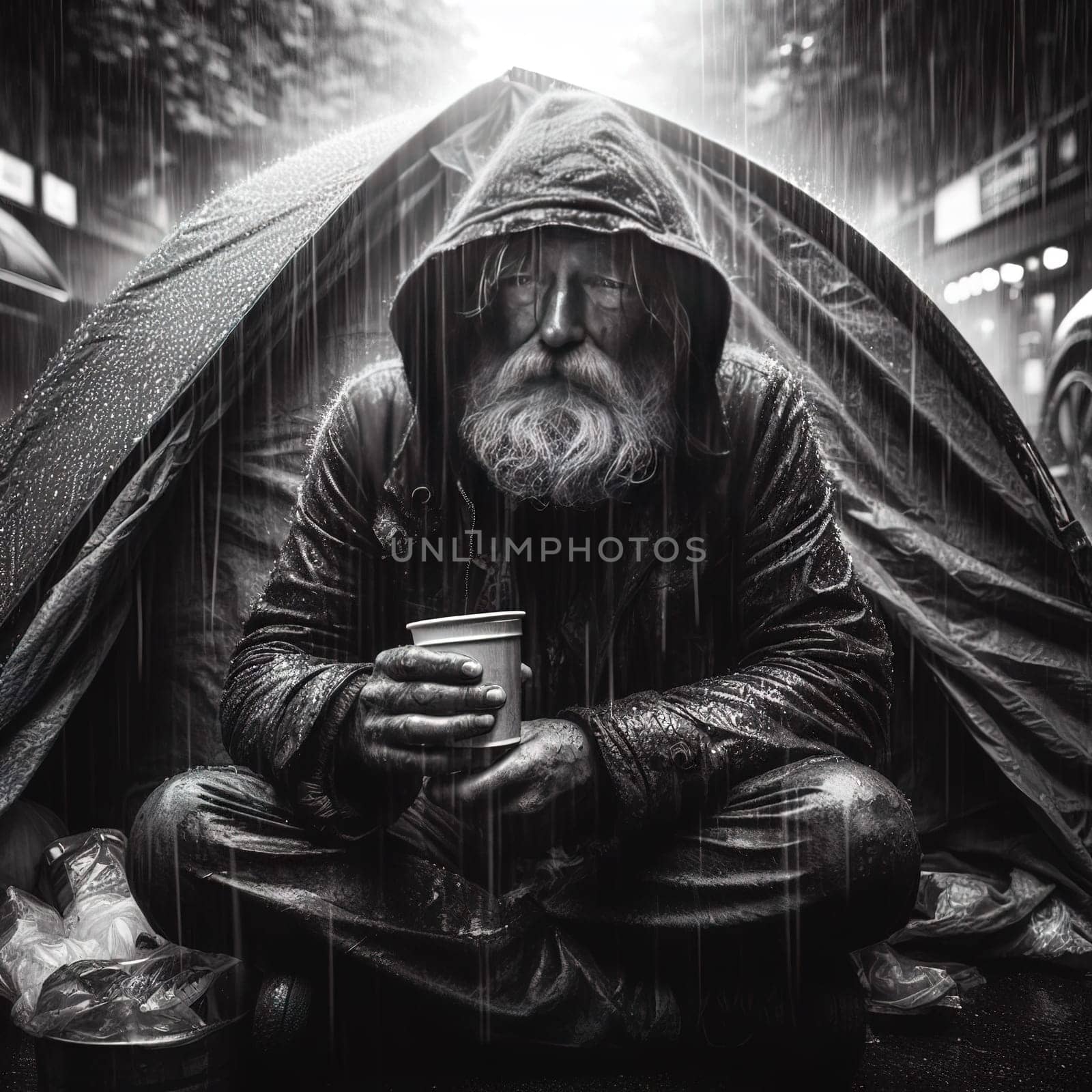 Homeless man in the rain. generative, AI. High quality illustration