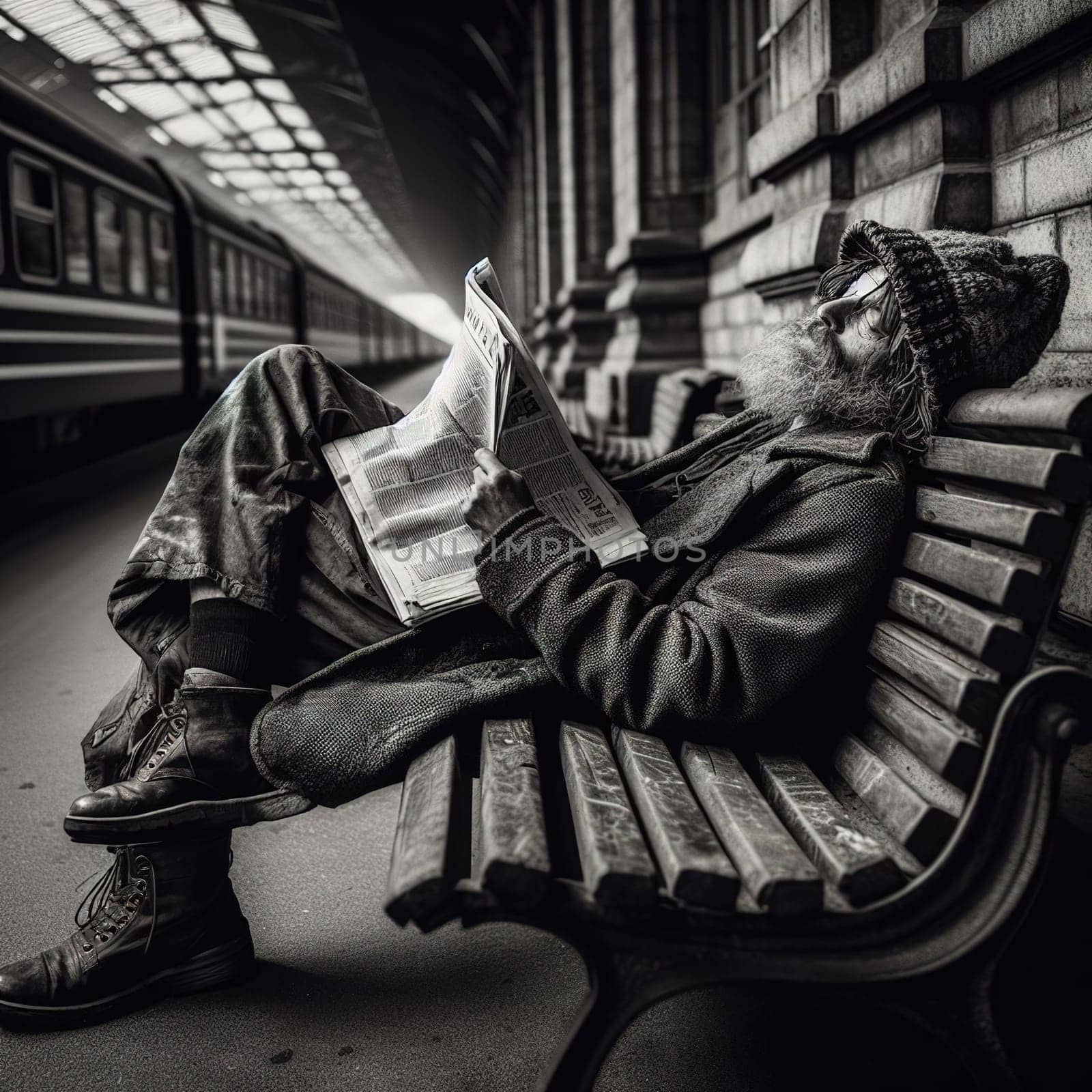 Homeless man at the train station. generative, AI. B/W, generative, AI. High quality illustration