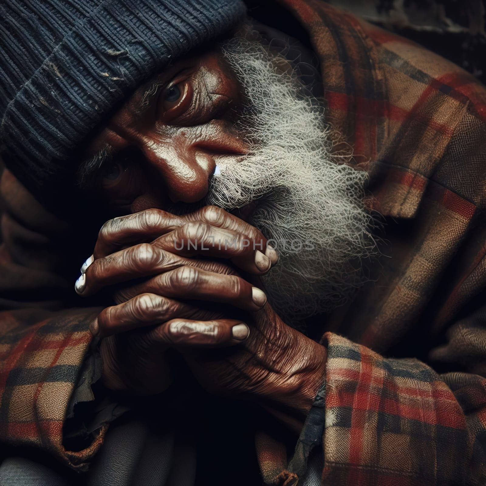 Homeless man at the train station. generative, AI. B/W, generative, AI. High quality illustration