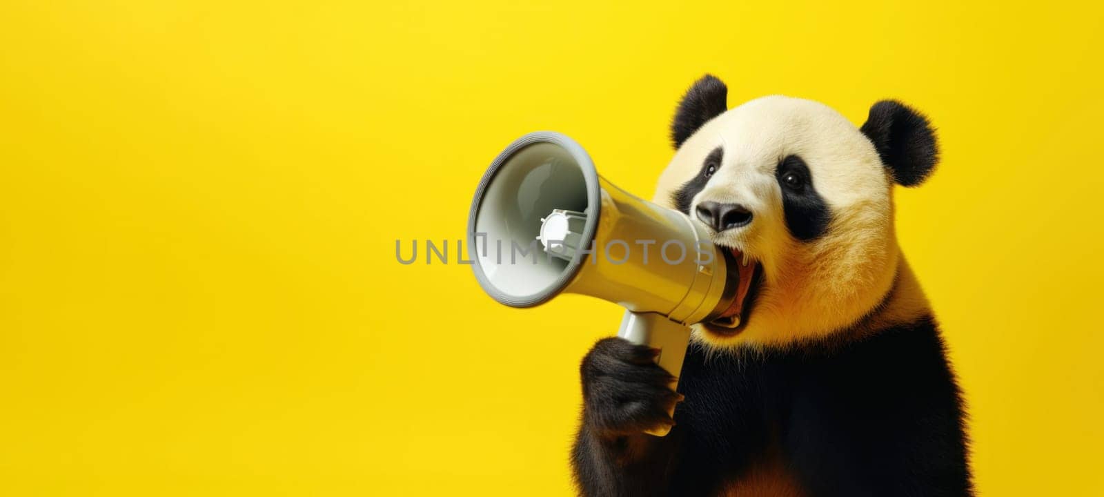 Panda with loudspeaker on yellow background.