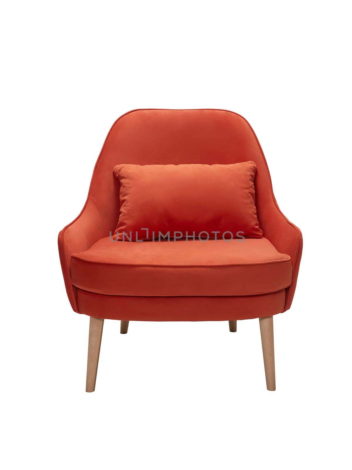 modern red fabric armchair with wooden legs isolated on white background, front view.