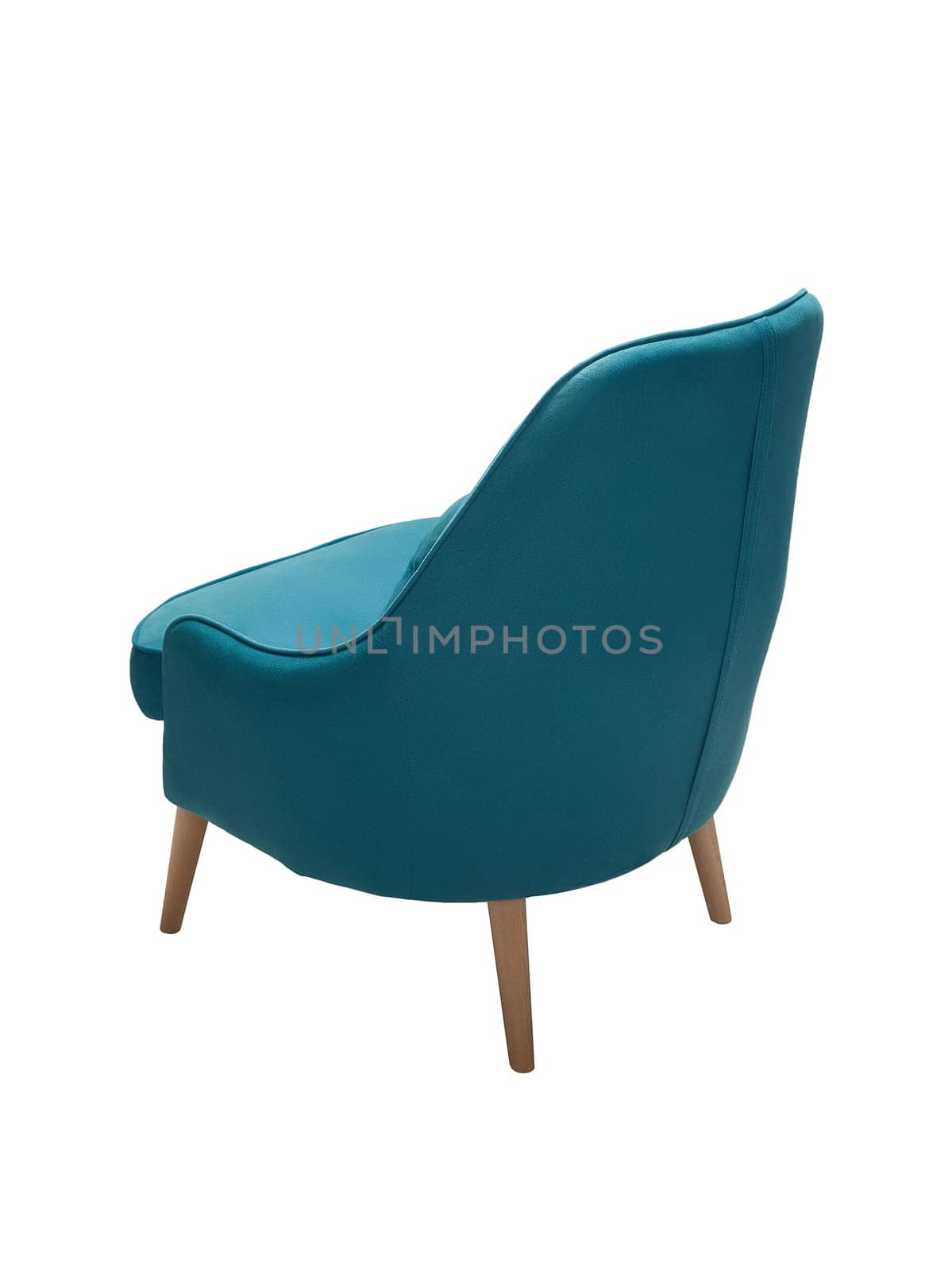 modern blue fabric armchair with wooden legs isolated on white background, back view.