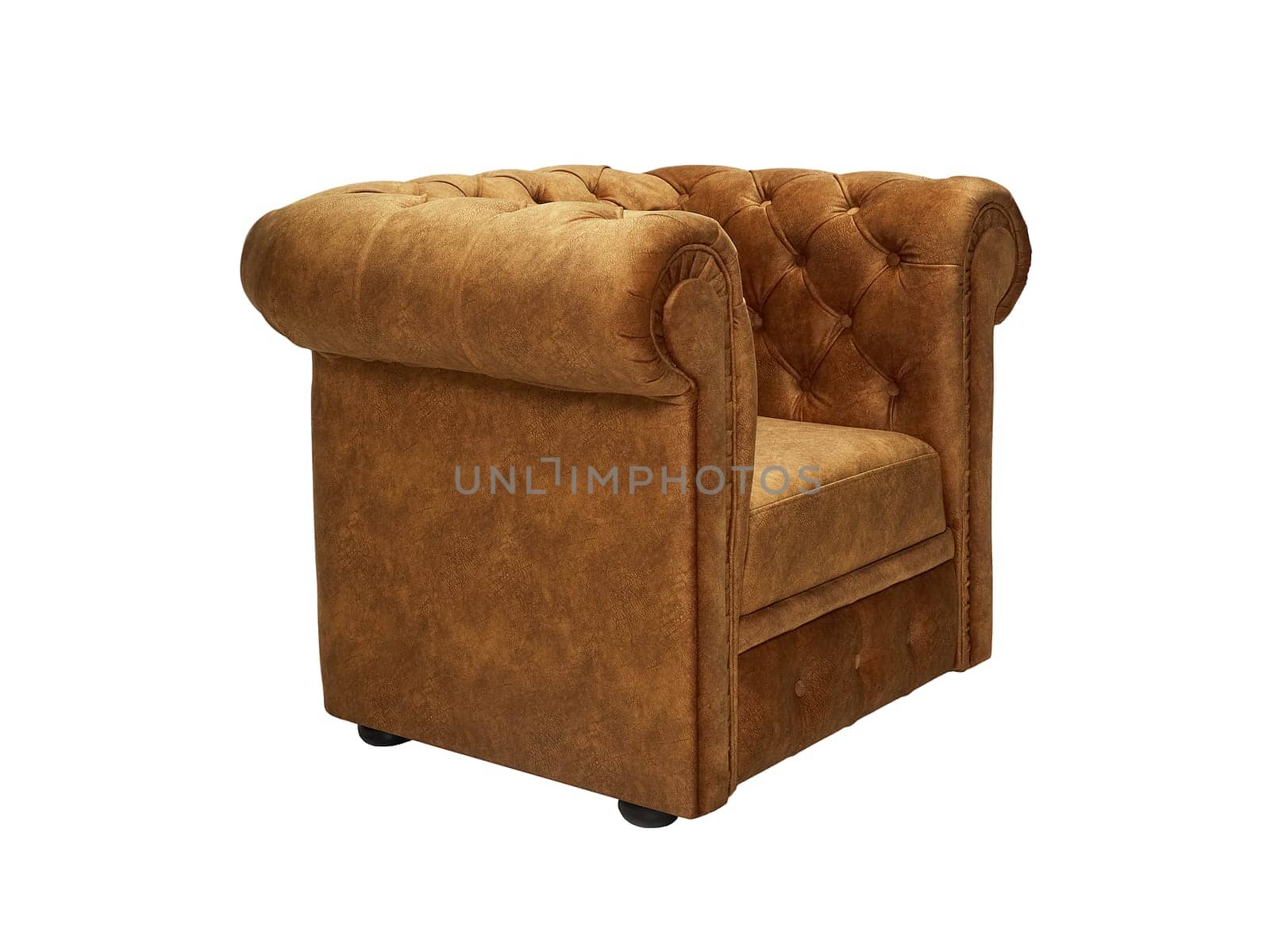 vintage brown leather armchair isolated on white background, side view.