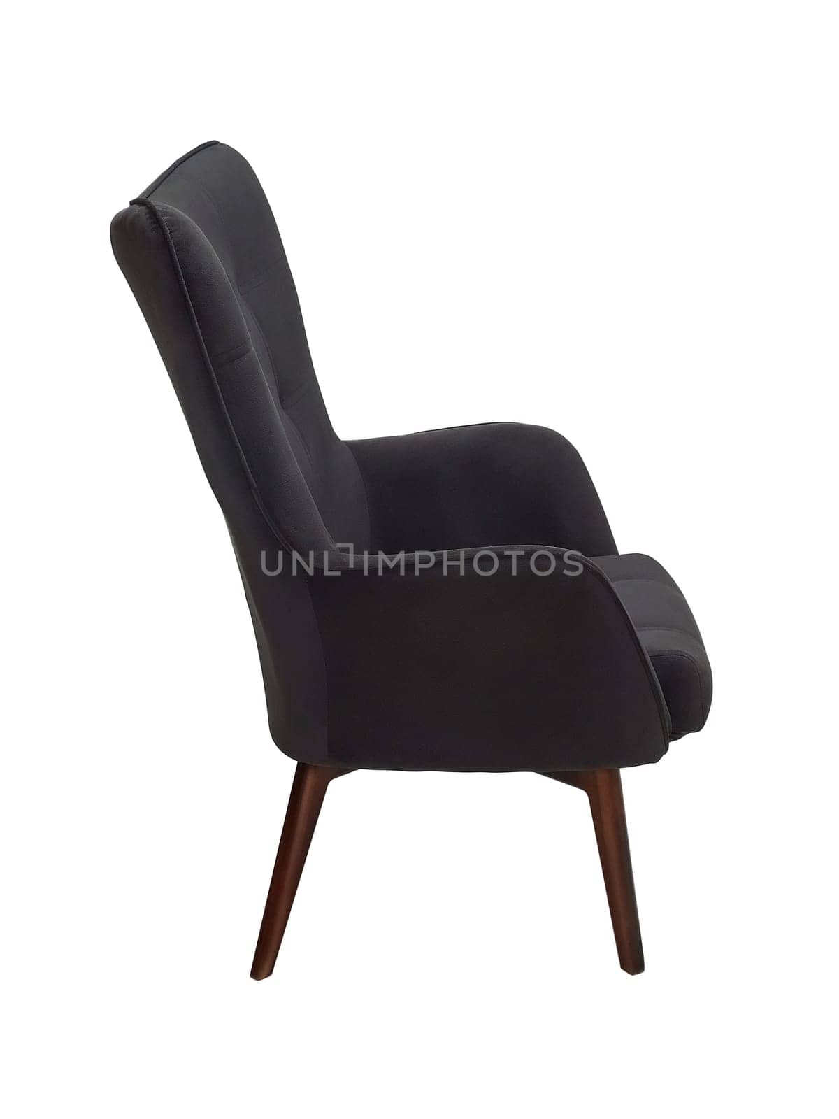 modern black fabric armchair with wooden legs isolated on white background, side view by artemzatsepilin