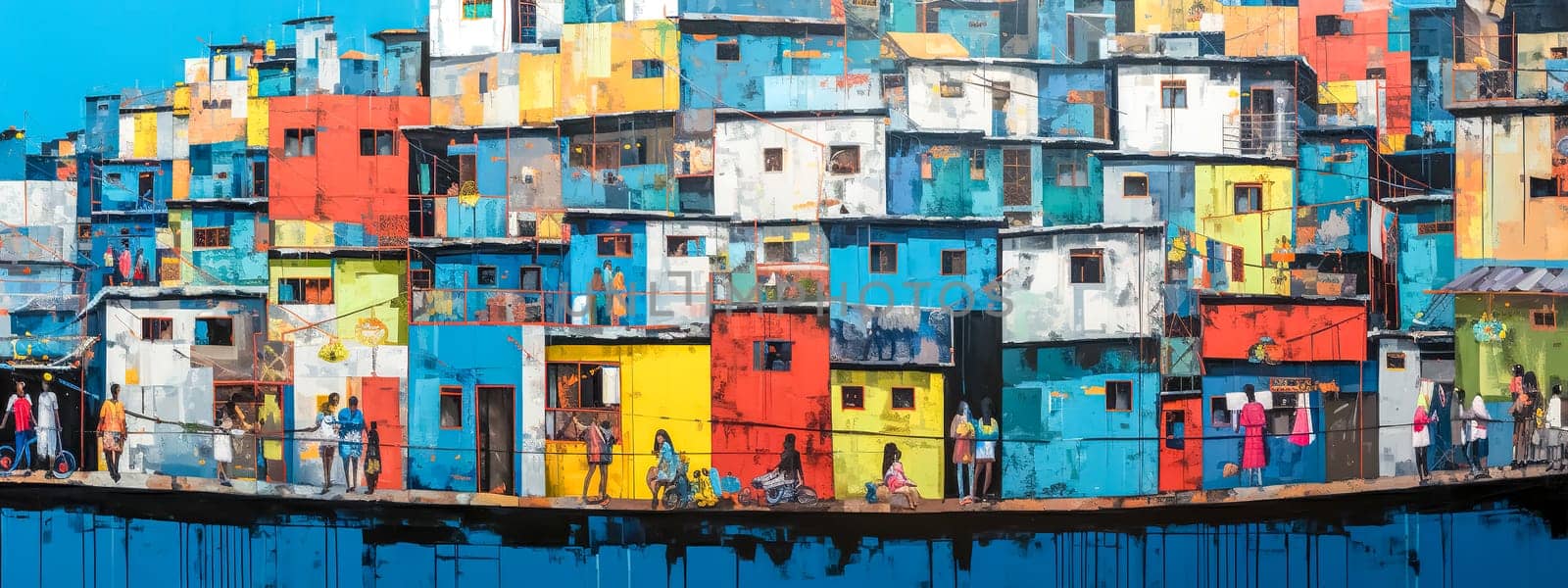 A vivid riverside favela in South America with a patchwork of colorful houses reflecting on the water, people engaging in daily life. banner
