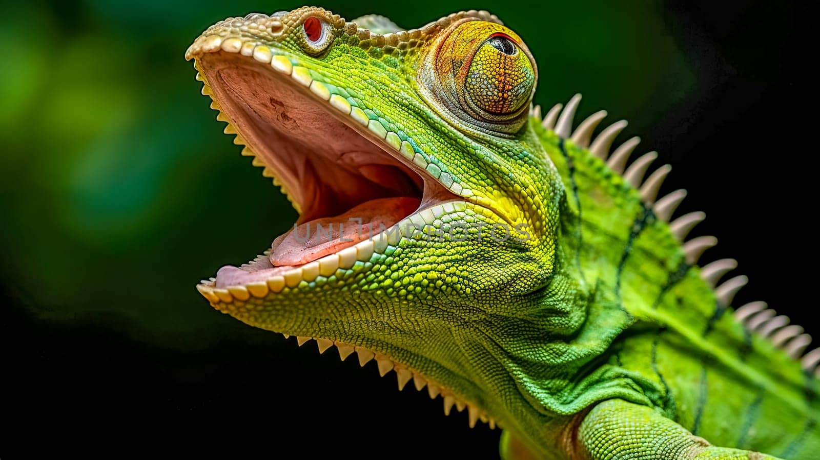 chameleon with its mouth open, displaying a vibrant array of green scales, sharp teeth, and a textured pink interior of the mouth, against a blurred green background. by Edophoto