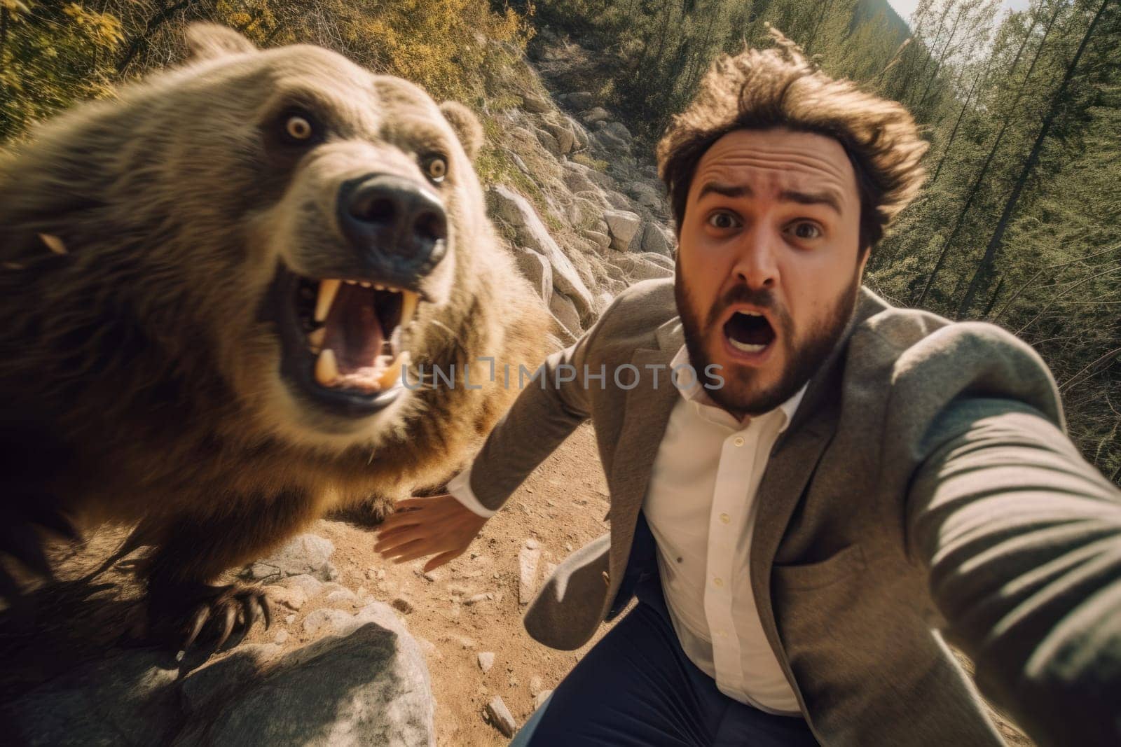 Man running away from scary bear in mountains by andreyz