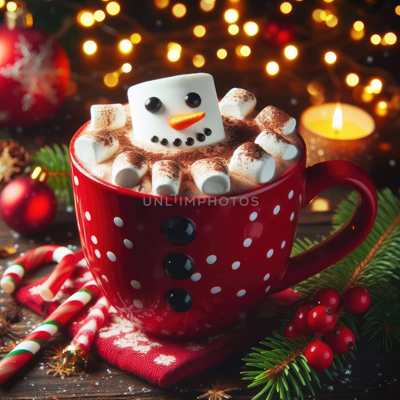 Red mug with hot chocolate with melted marshmallow snowman by Kobysh