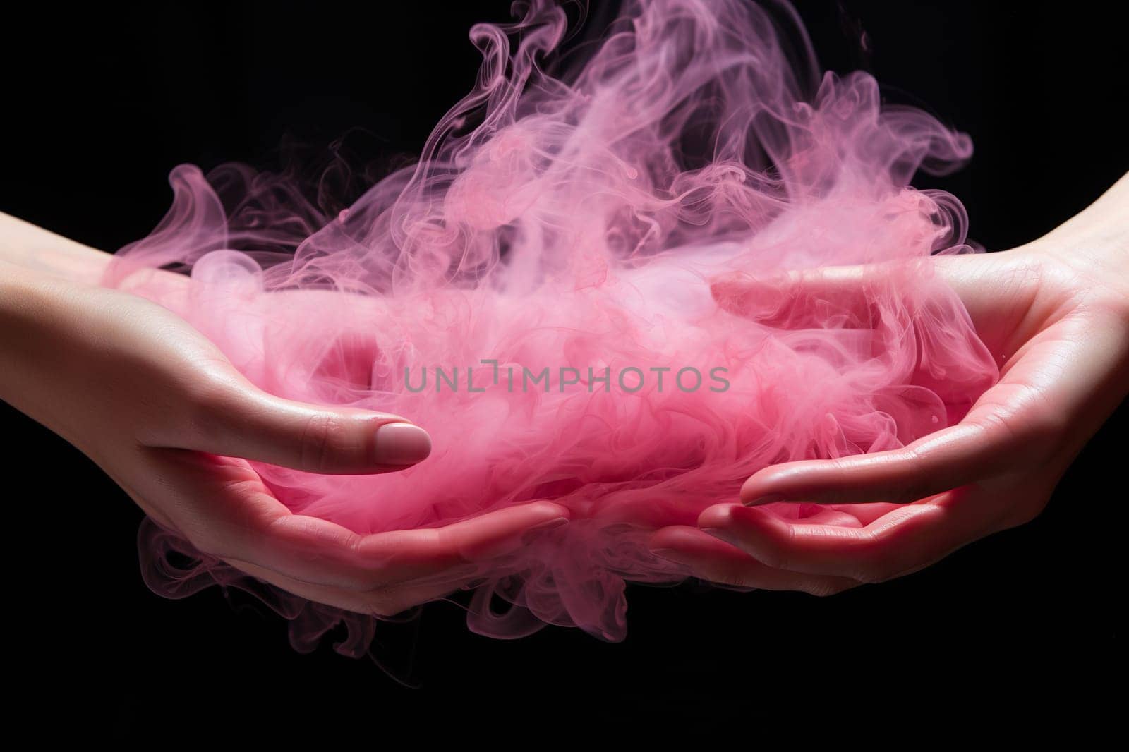 Two female hands connect in puffs of pink smoke on a black background. Generated by artificial intelligence by Vovmar