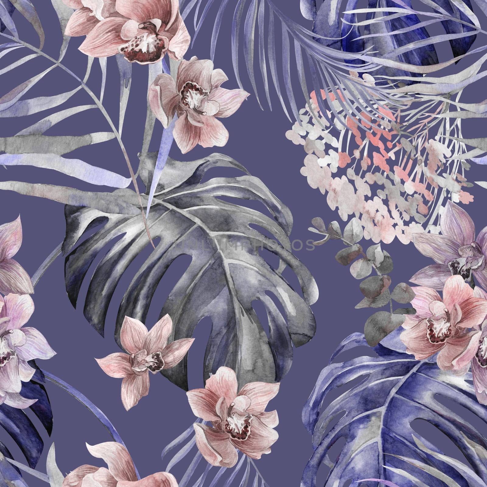 Seamless bright tropical pattern with orchid flowers and monstera leaves. Botanical pattern for textile and surface design