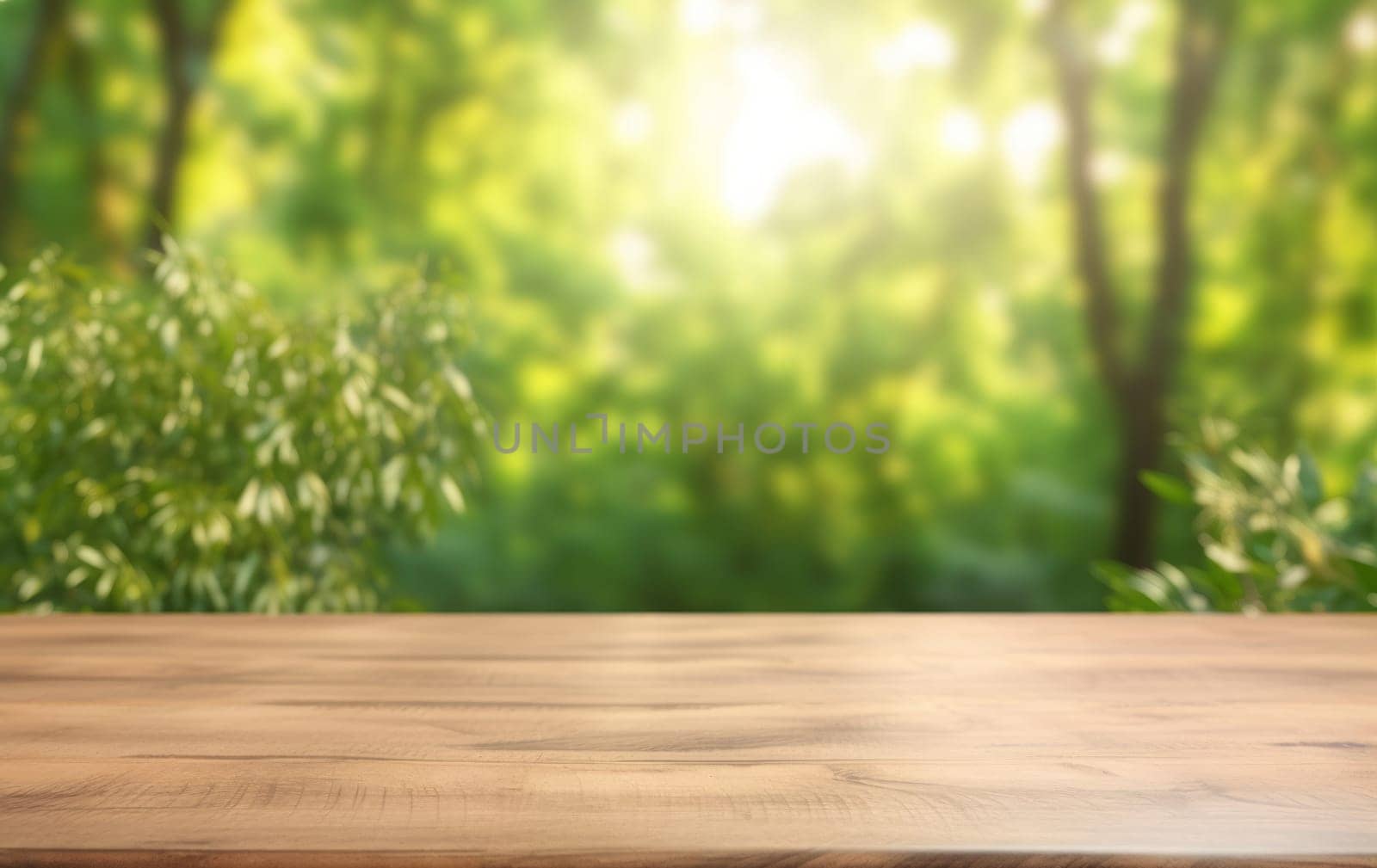 Empty wooden table top with a view of the green tree by Zakharova