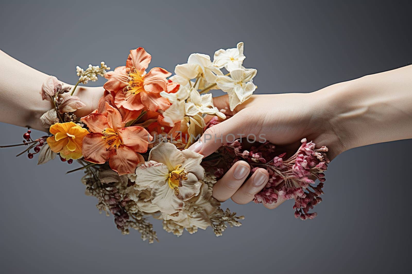 Contact of two hands with flowers between them on a gray background.