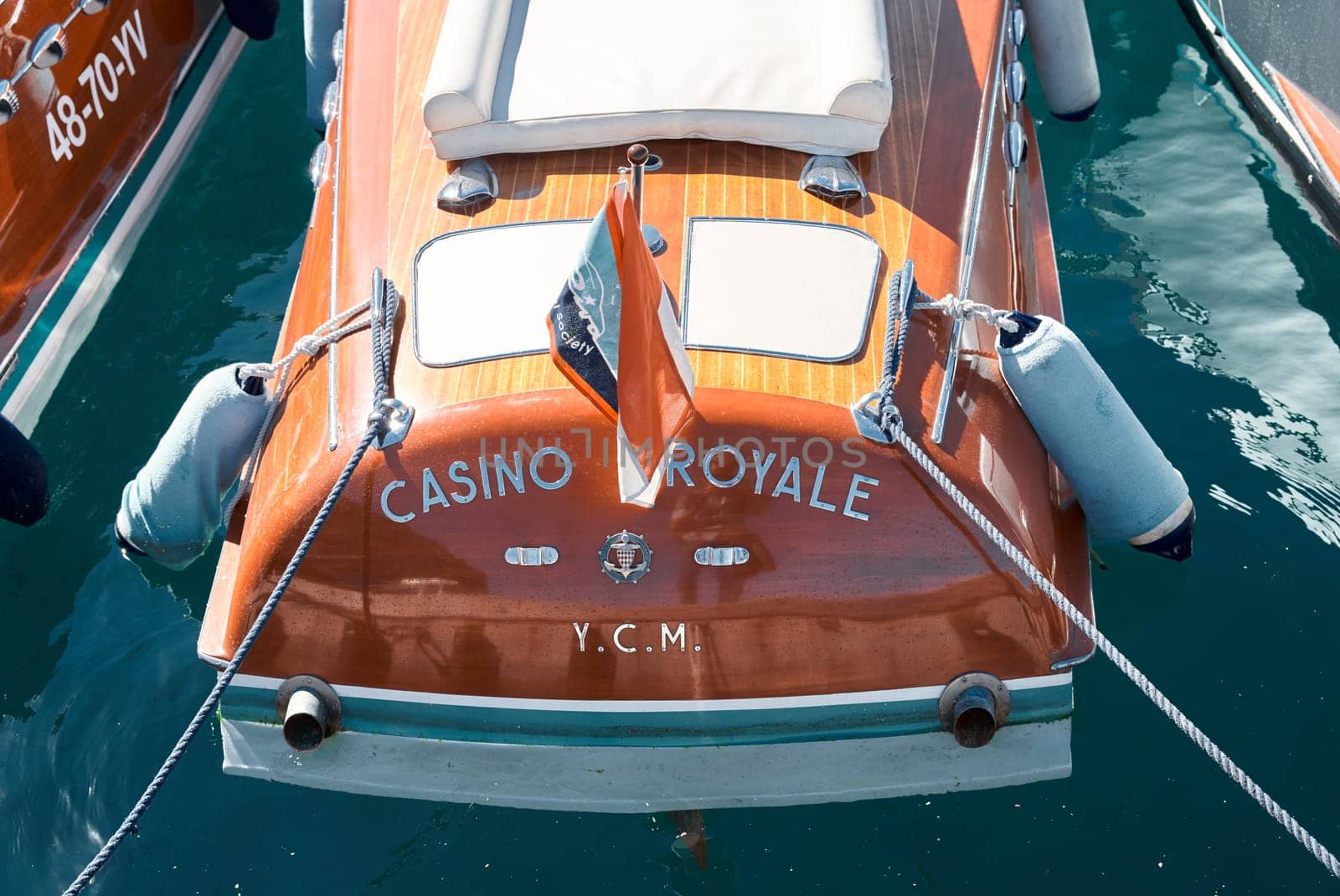 Monaco, Monte Carlo, 28 September 2022 - Vintage motorboat Riva Casino Royal on the famous motorboat exhibition in the principality, the most expensive boats for the richest people around the world. High quality photo