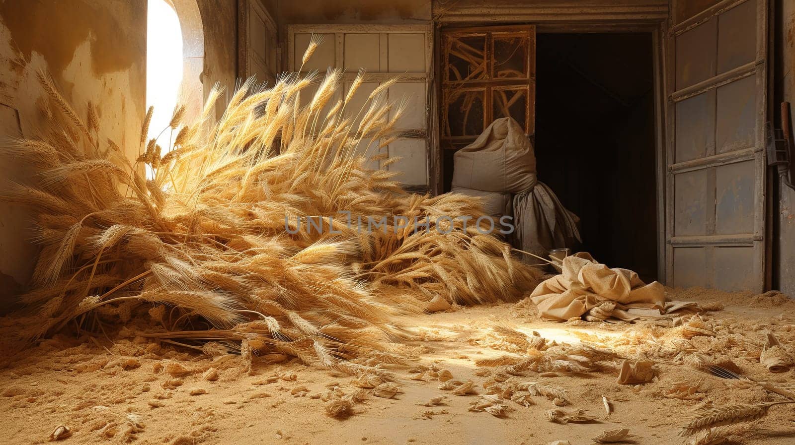 abandoned warehouse with wheat, grain on the floor spilling out of bags torn by rodents, concept of food storage violation,transportation problems, food crisis, war, high quality photography