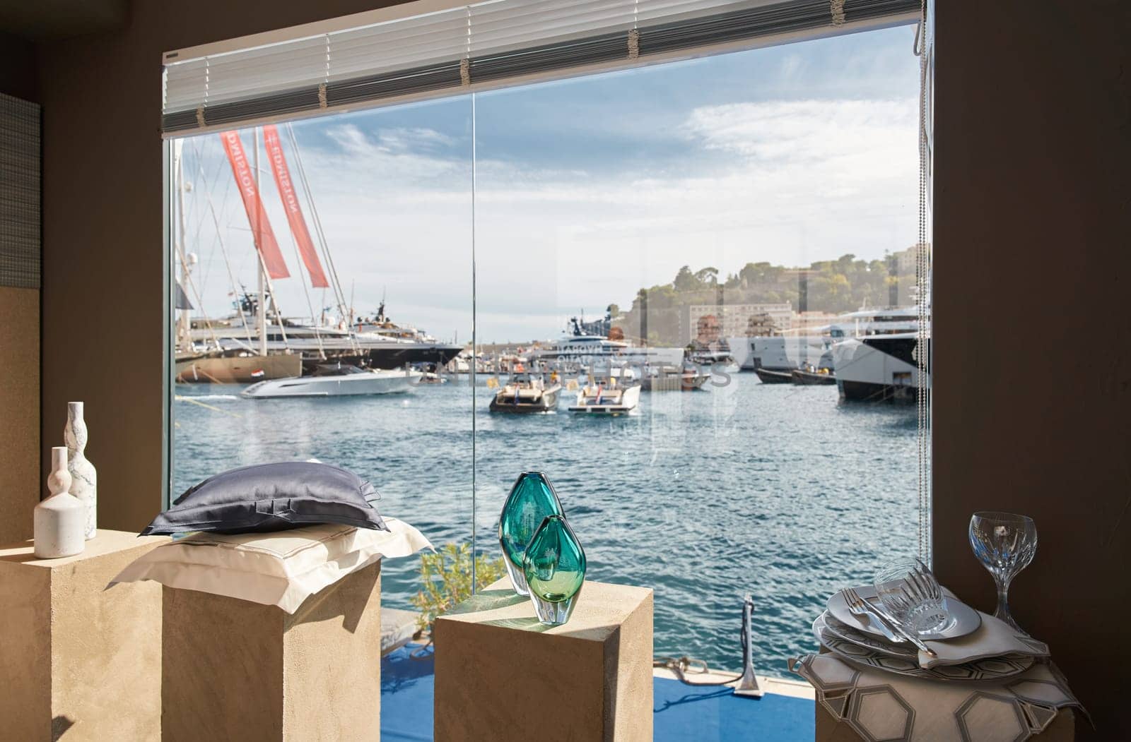 Monaco, Monte Carlo, 29 September 2022 - a view from interior of one participant of the famous motorboat exhibition stands on mega yachts, decorative elements for boats, boat traffic. High quality photo
