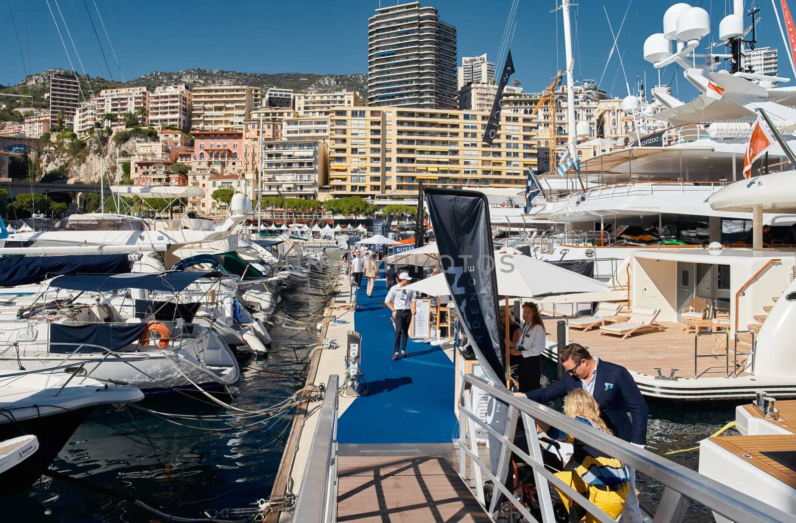 Monaco, Monte Carlo, 28 September 2022 - Top view of the famous yacht show, exhibition of luxury mega yachts, the most expensive boats for the richest people around the world, yacht brokers by vladimirdrozdin