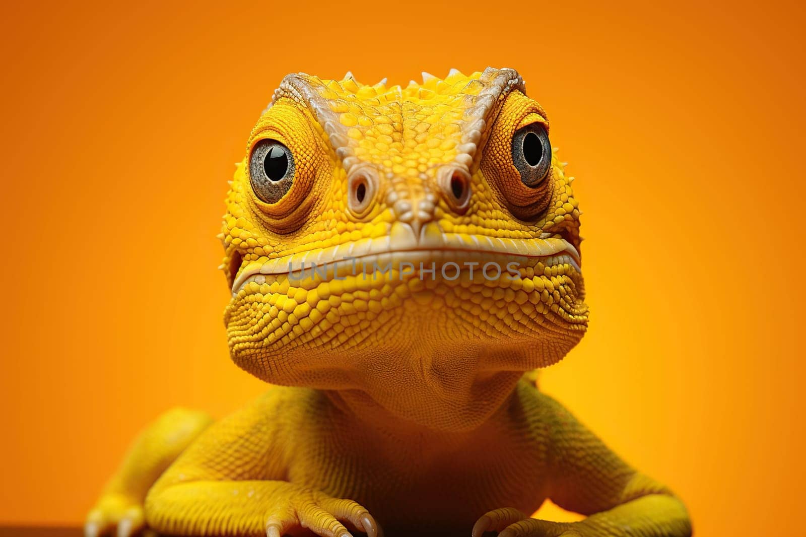 Bright yellow chameleon on a yellow background. Generated by artificial intelligence by Vovmar
