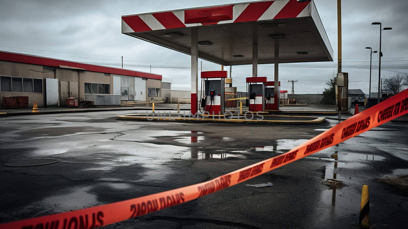 closed gas station without fuel, passage closed with red barrier tapes, gray hopeless morning, absence of people and cars, energy crisis, high quality photo