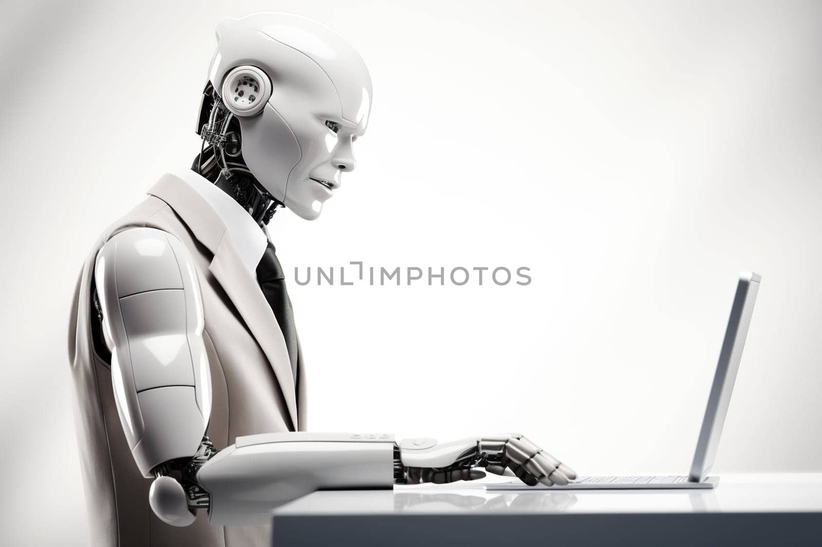 A humanoid robot works on a laptop. White robot on a white background with space for text.