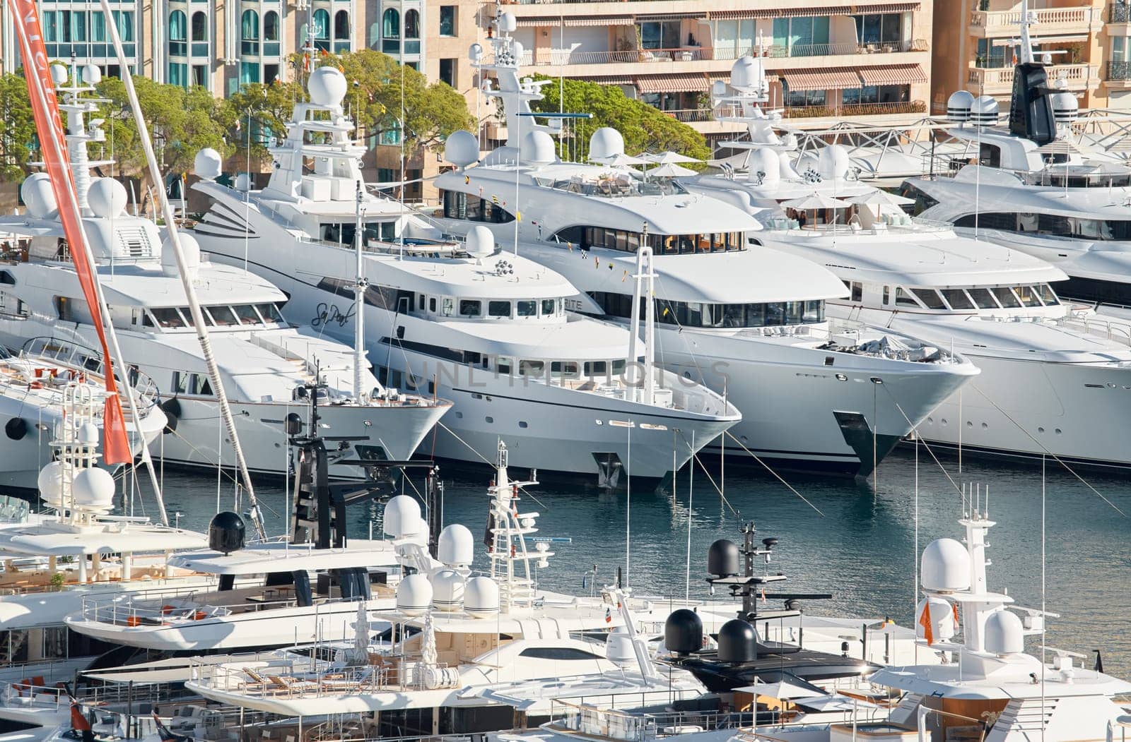 Monaco, Monte Carlo, 01 October 2022 - The famous motorboat exhibition at morning, mega yacht show, novelties of the boating industry. High quality photo