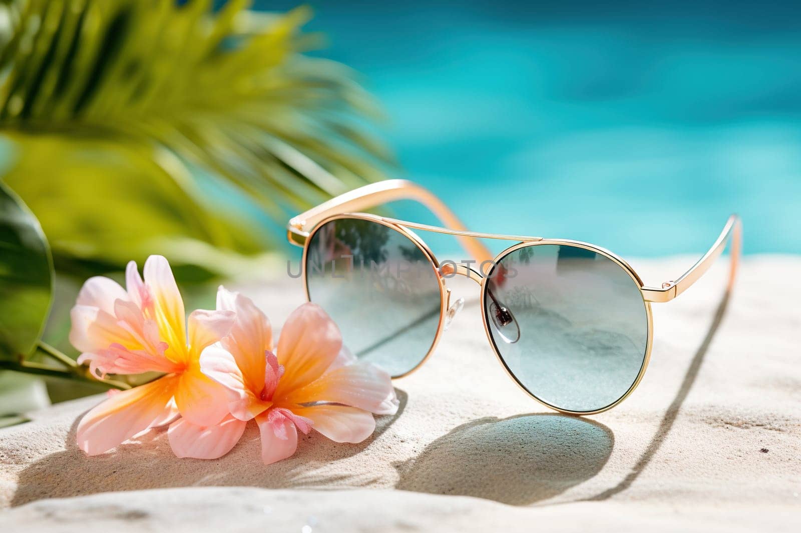 Sunglasses on the sand with flowers against a background of blue water and palm leaves. Resort vacation concept.