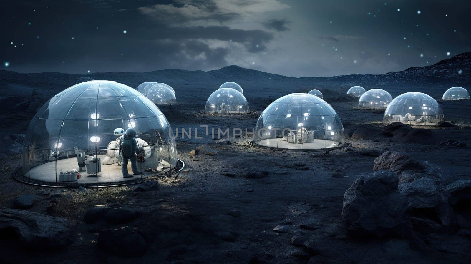 research stations on the surface of the Moon in space, domes with protection and artificially created oxygen by KaterinaDalemans