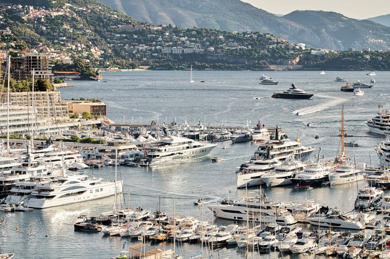 Monaco, Monte Carlo, 01 October 2022 - The famous motorboat exhibition at morning, mega yacht show, novelties of the boating industry. High quality photo