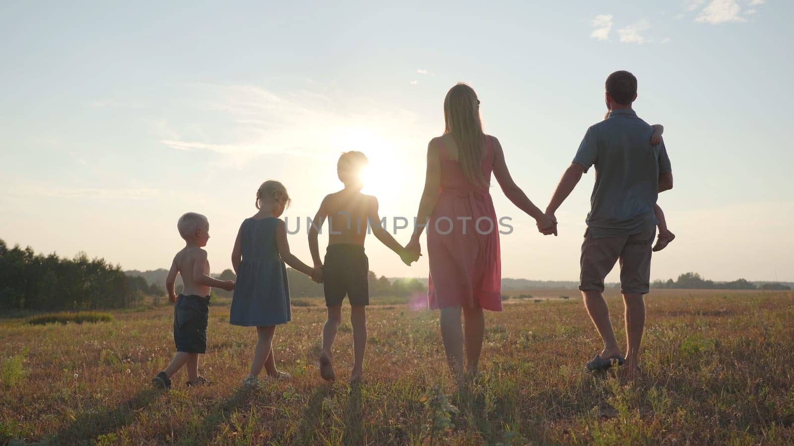 A friendly large family walks across the field at sunset with dog. by DovidPro
