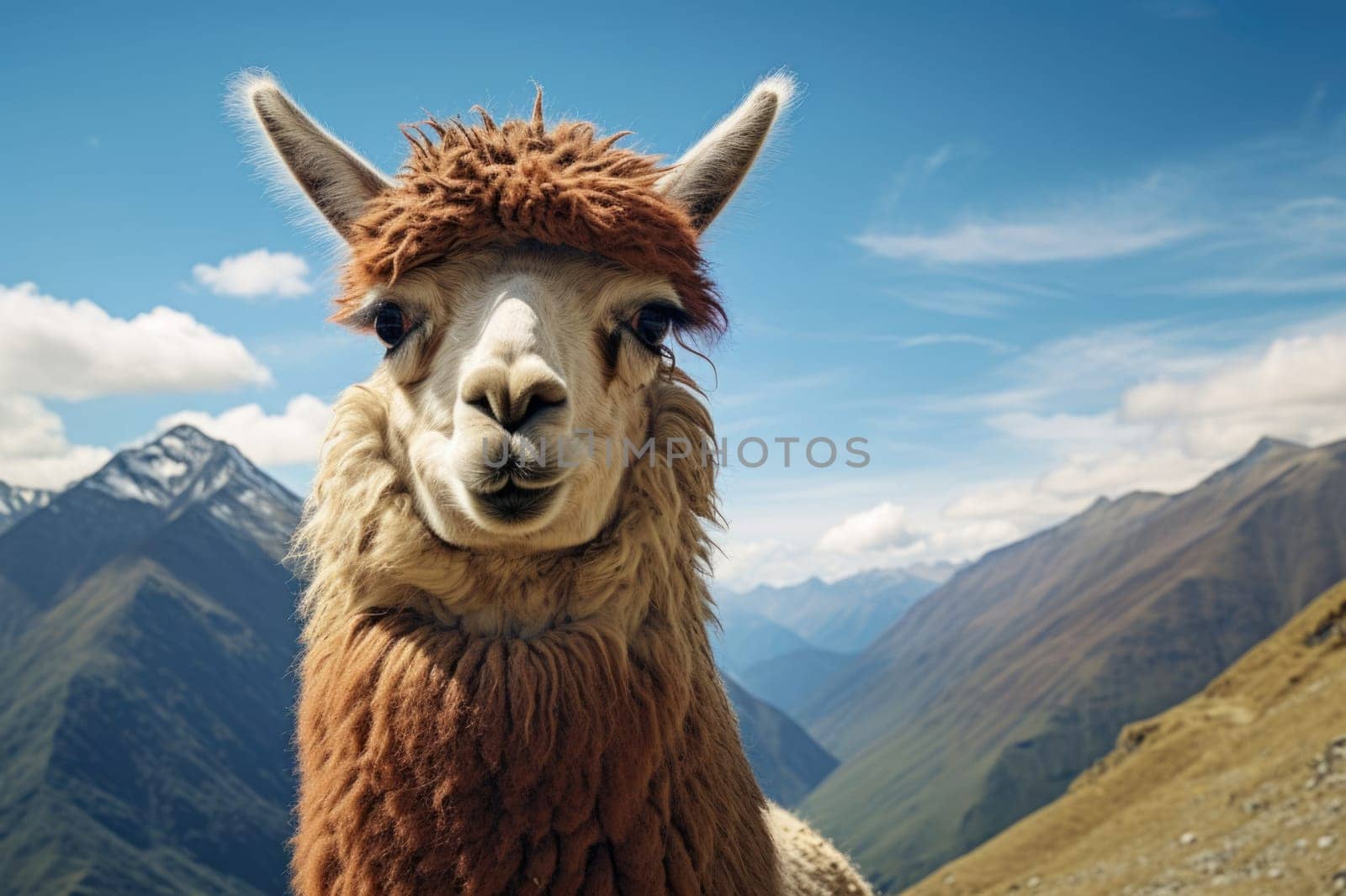 Portrait of alpaca llama or lama in the mountains