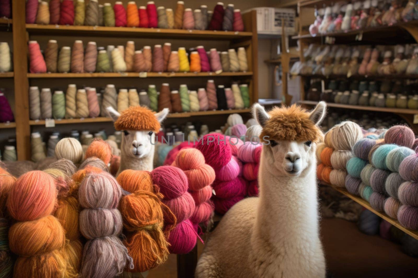 Alpaca in a shop and colored yarn of alpaca wool