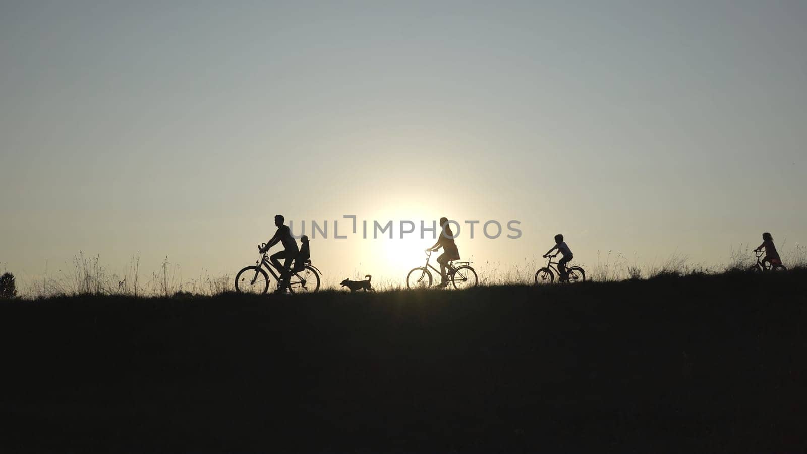 A friendly large family with bicycles at sunset. by DovidPro