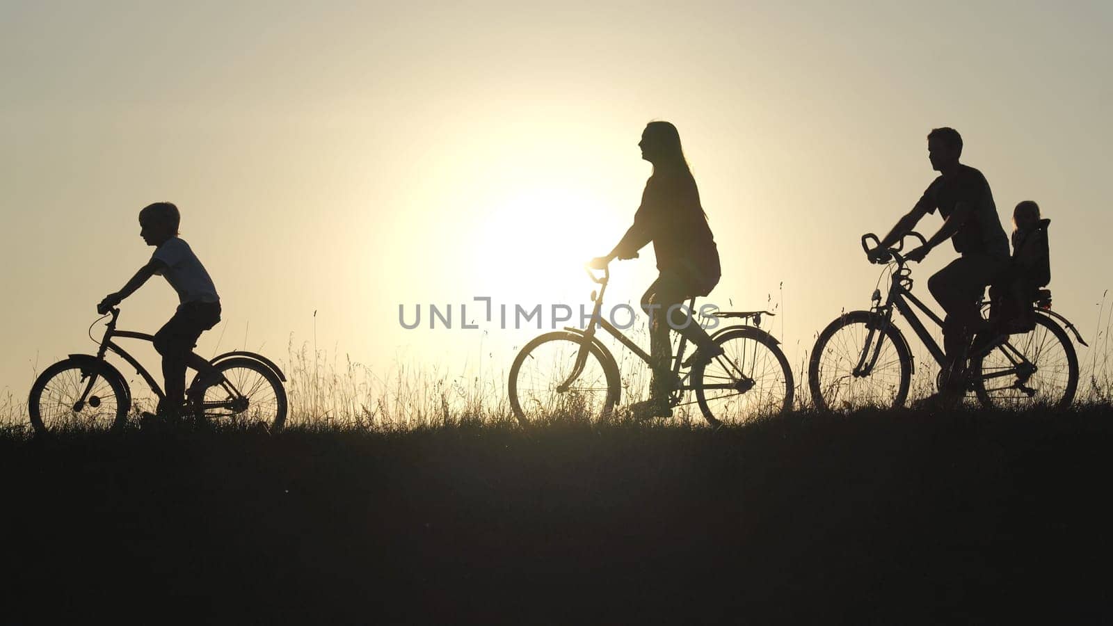 A friendly large family with bicycles at sunset. by DovidPro