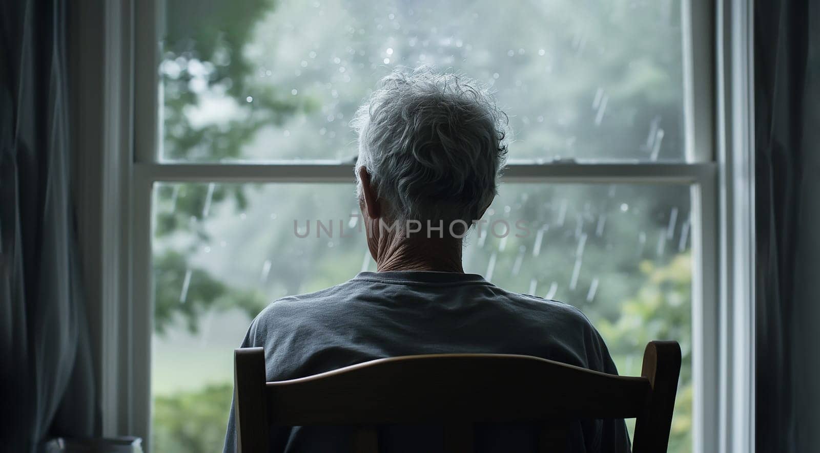 Back View Lonely Old Man With Gray Hair Sitting With In Chair And Looking At Window In Dark Room. Later-life, Aging Crisis Or Alzheimer Disease Concept. Ai Generated. Horizontal Plane High quality