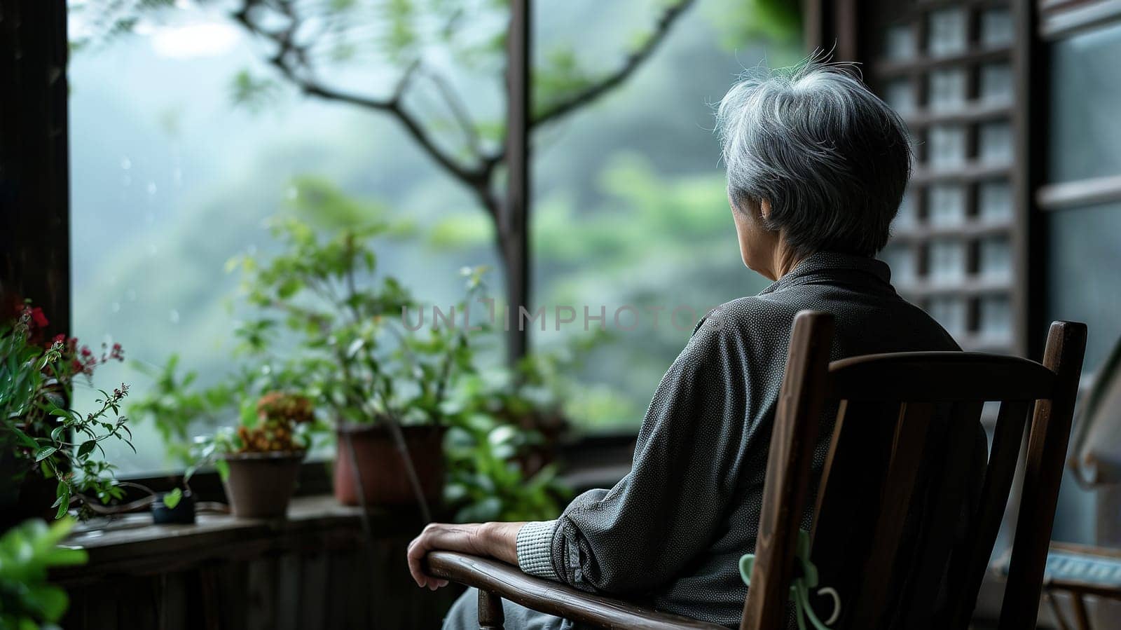 Memory Loss. Back View Lonely Old Asian Woman With Gray Hair Sits In Chair in Dark Room with Potted Flowers. Later life, Aging Crisis Or Alzheimer Disease Concept. AI Generated. Horizontal Plane by netatsi