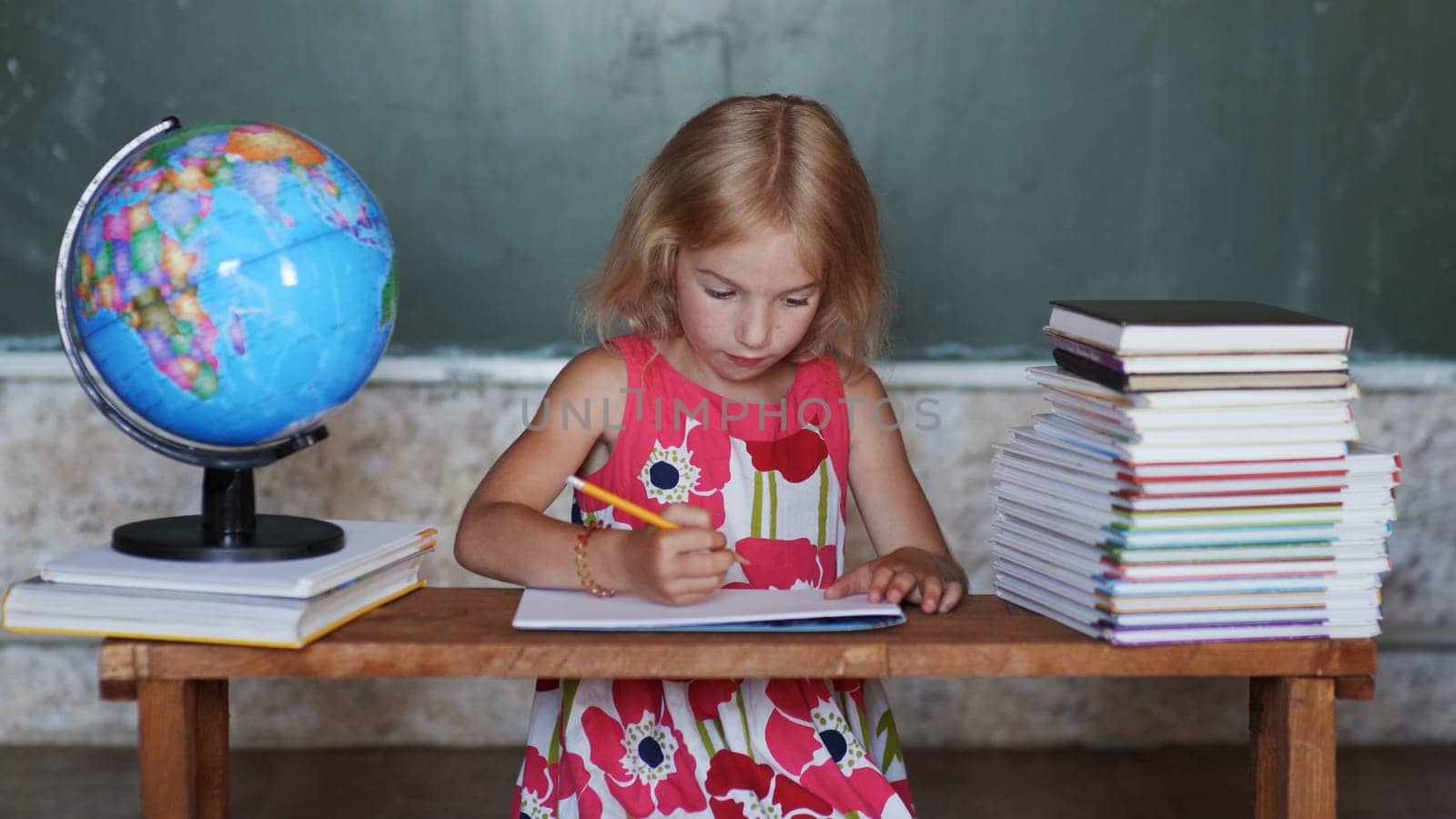 Girl studying at home on the background of the globe and books. Home school concept