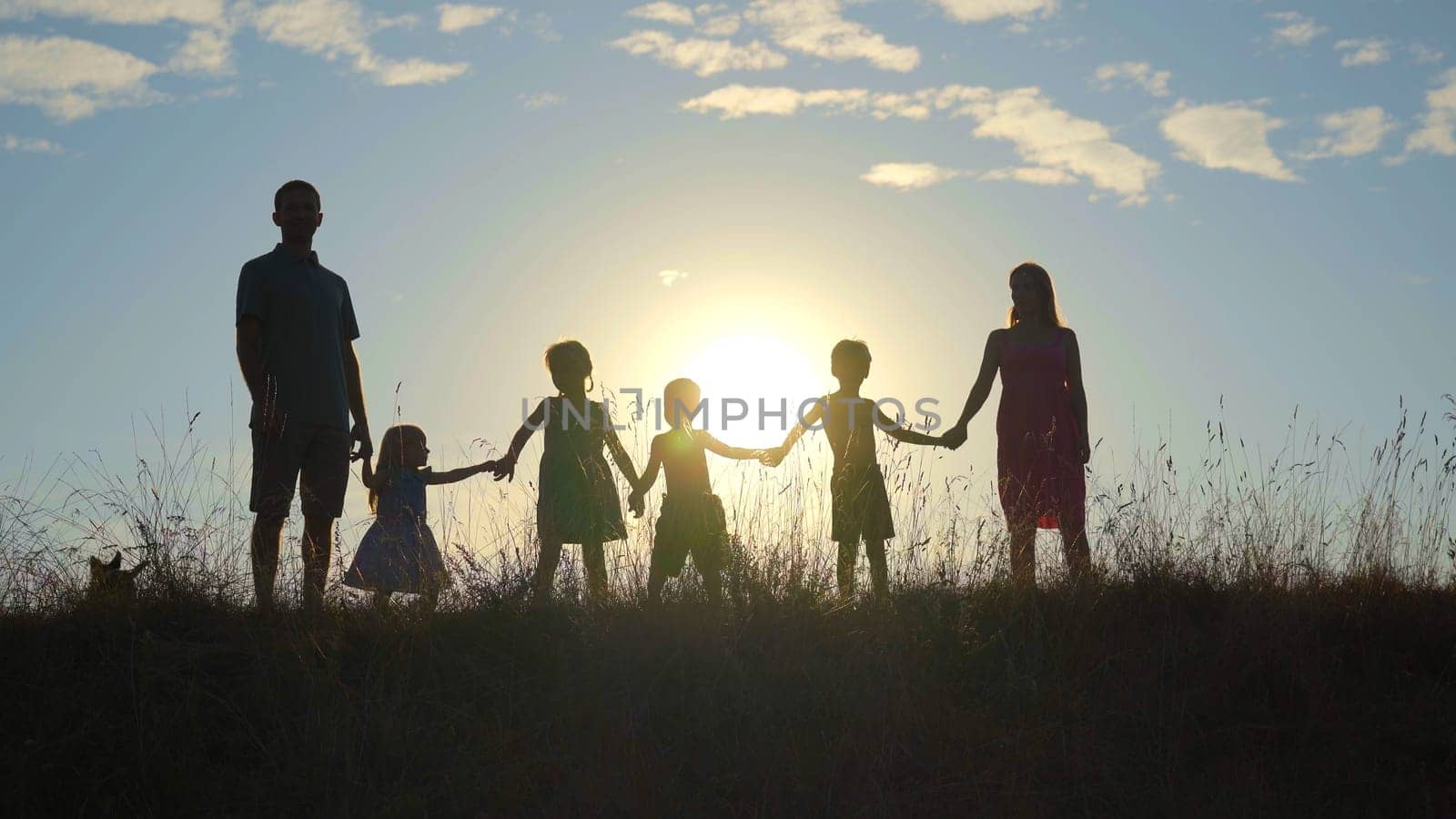 Happy large family at sunset with a dog. by DovidPro