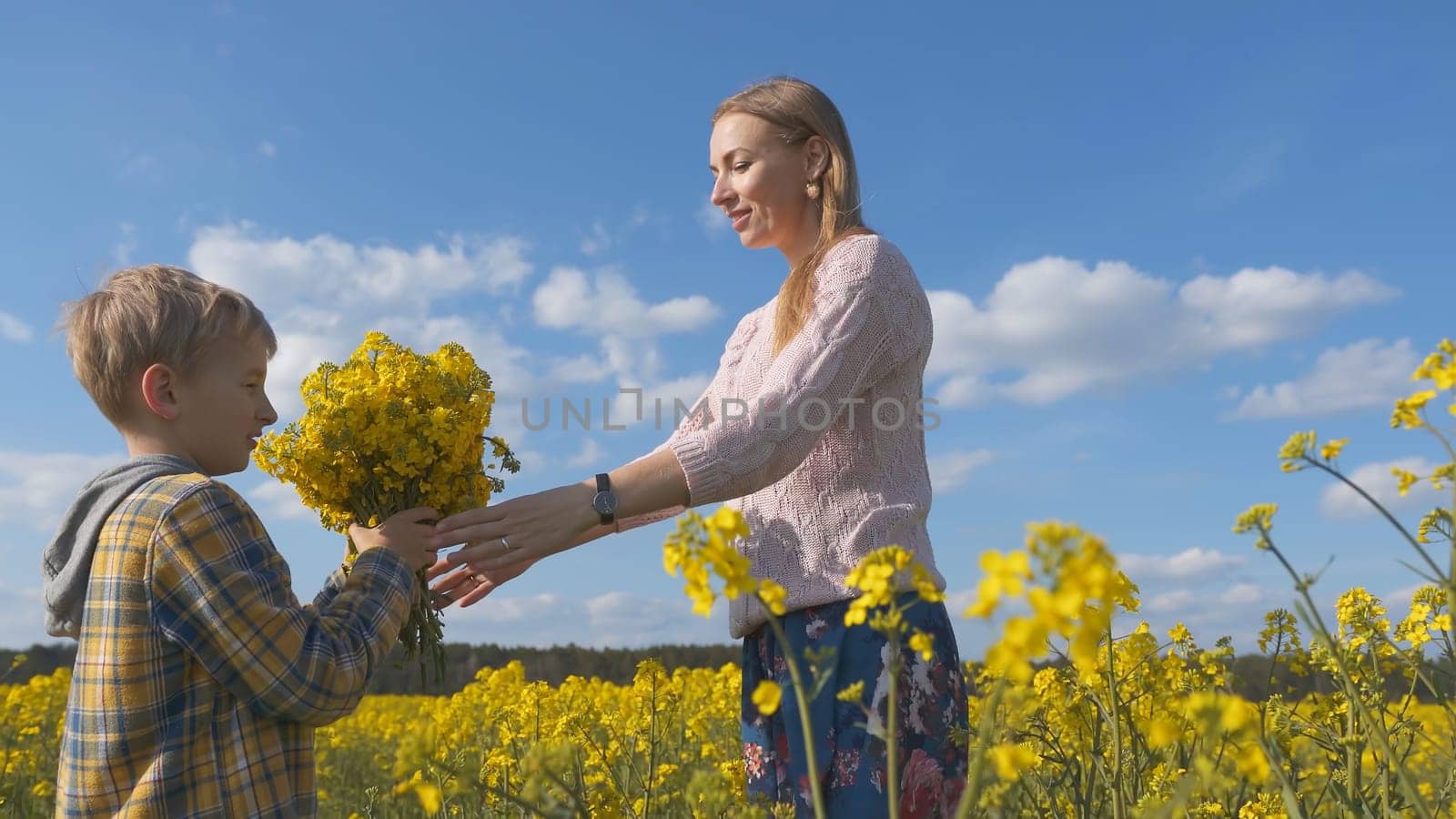 A grateful son gives his mother flowers in a rapeseed field. by DovidPro