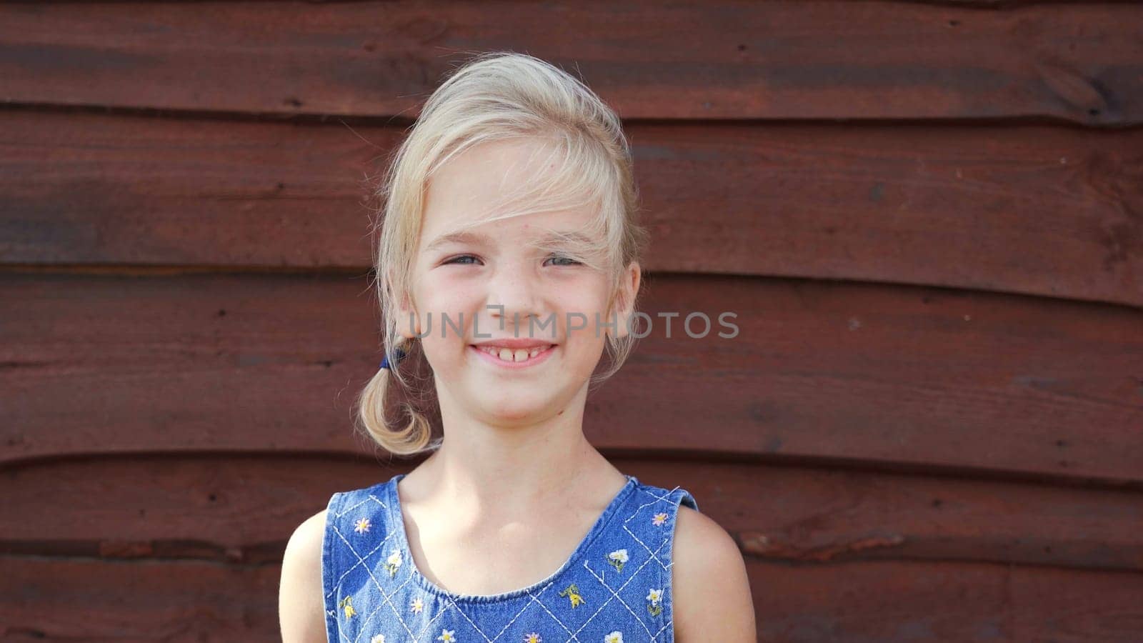 Portrait of a seven-year-old girl against the background of a barn wall in the village. by DovidPro