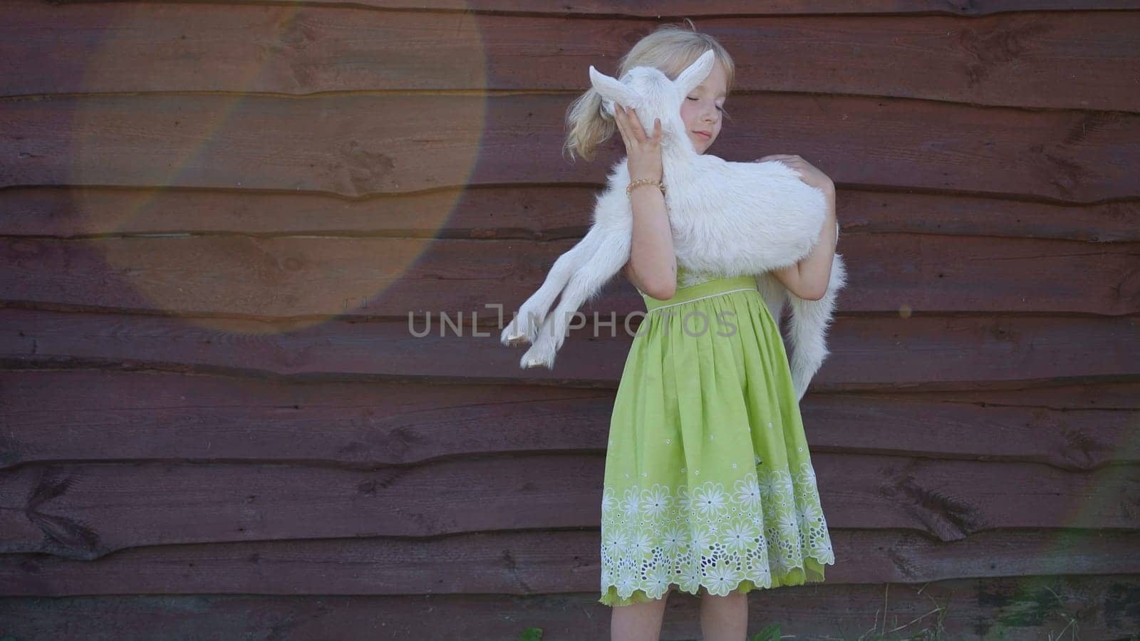 6 year old girl holding a small goat in her arms