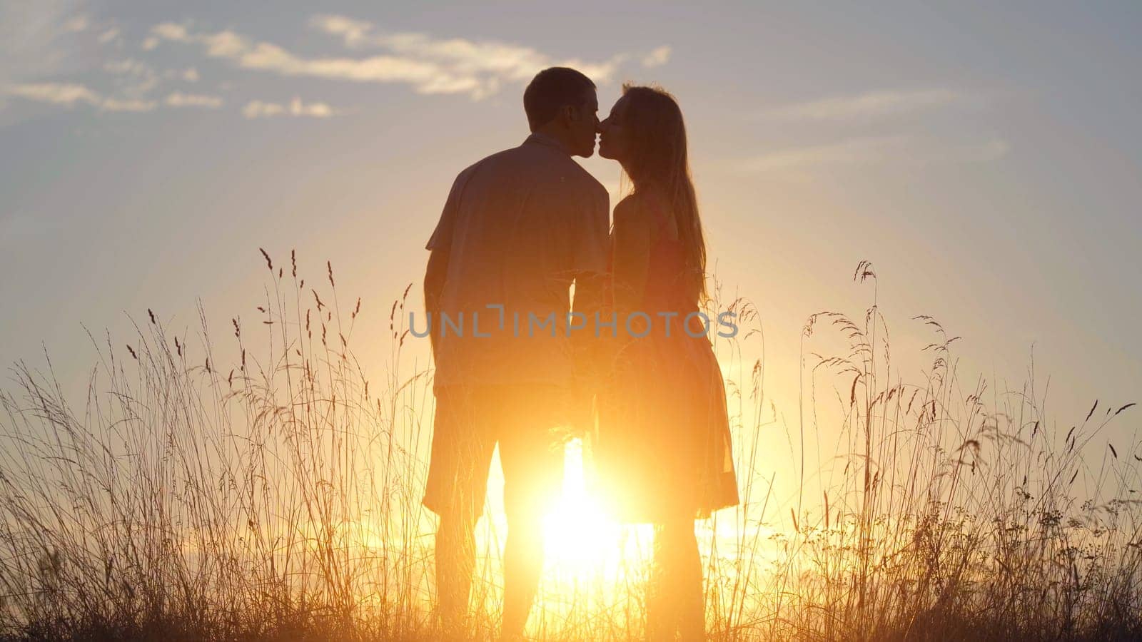 Silhouettes of happy lovers kissing at sunset