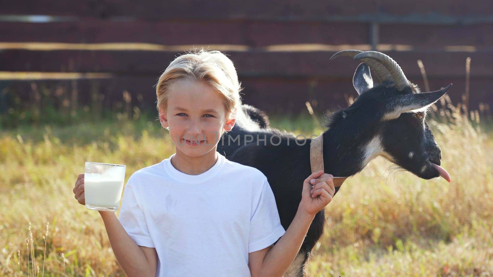 A boy drinks goat milk from a mug next to his goat