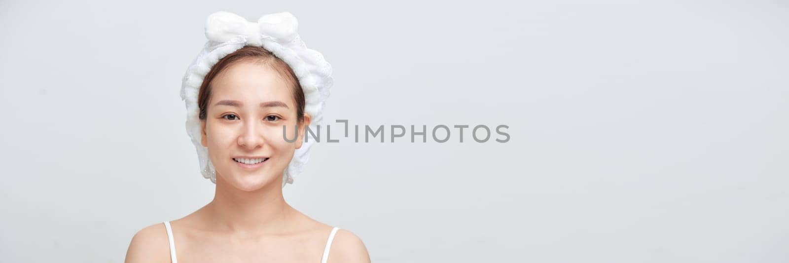 Asia beauty woman face healthy skin model portrait. Color background. banner by makidotvn