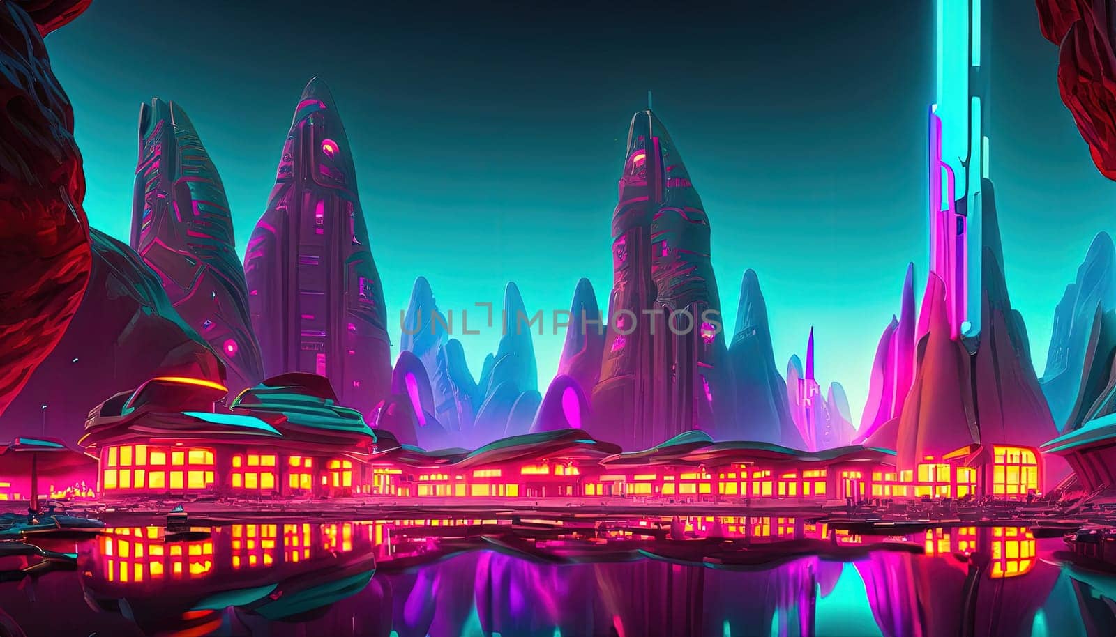 Futuristic city with neon lights. 3d rendering. Computer digital drawing.