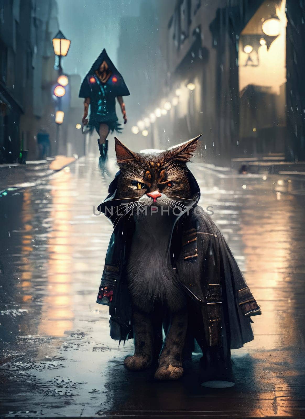 Funny cat in raincoat on the street. Rainy day cats concept. by Waseem-Creations