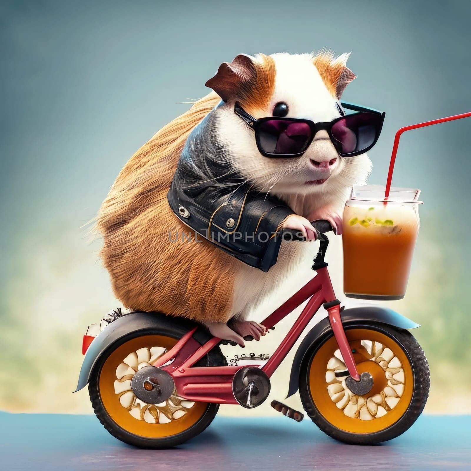 Cute guinea rodent domestic cavy riding a tricycle with a glass of juice by Waseem-Creations