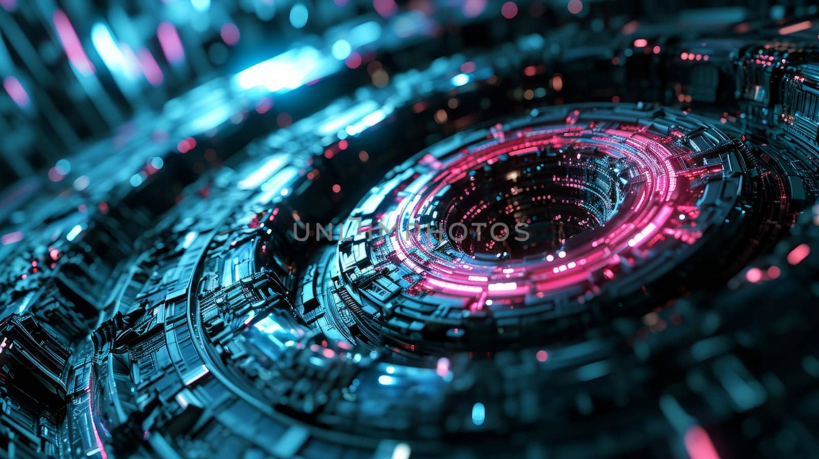 Network technologies. Futuristic blue tech background 3d illustration with pink glowing particles AI