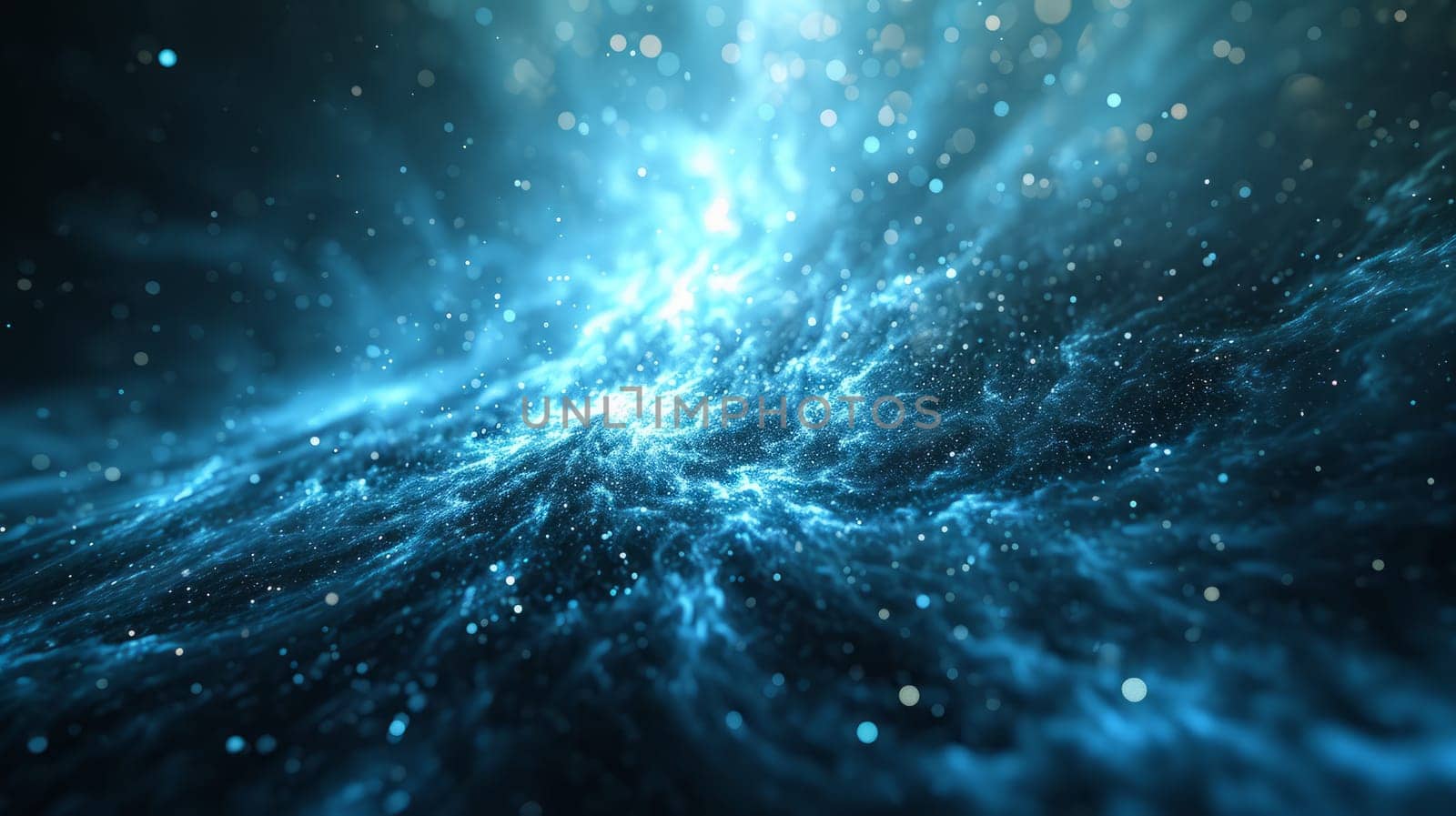 Network technologies. Futuristic blue tech background 3d illustration with glowing particles AI