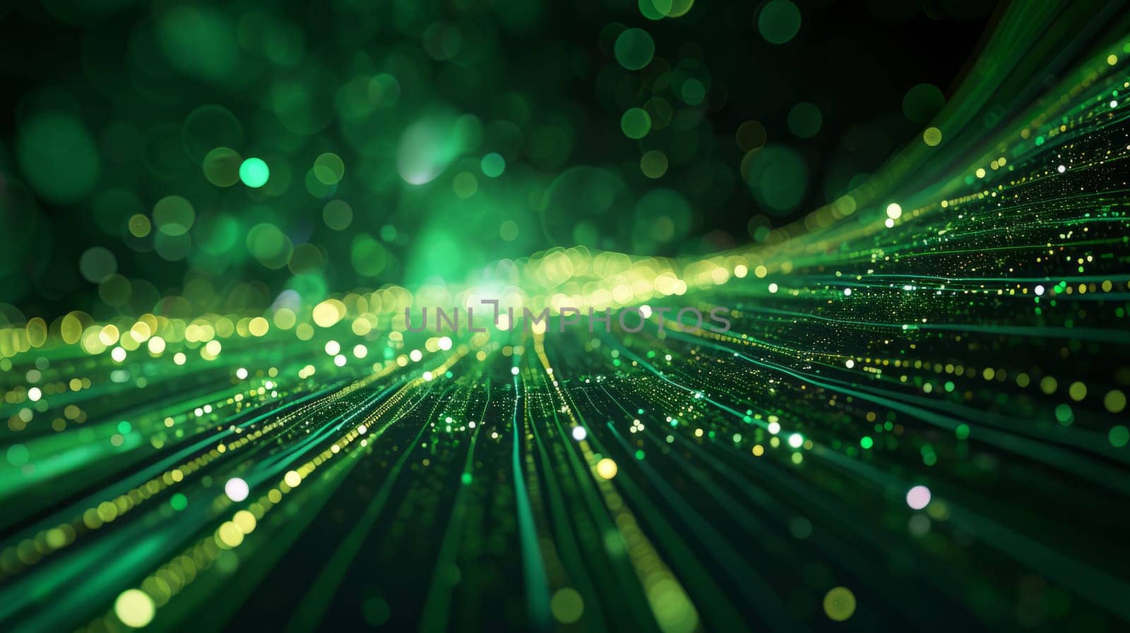 Network technologies. Futuristic tech green background 3d illustration with glowing particles AI