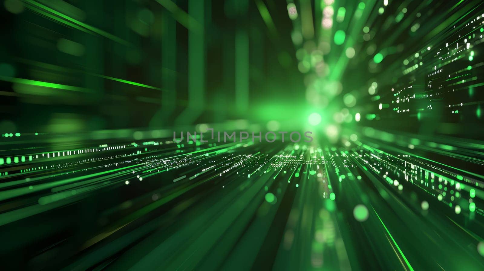 Network technologies. Futuristic tech green background 3d illustration with glowing particles AI